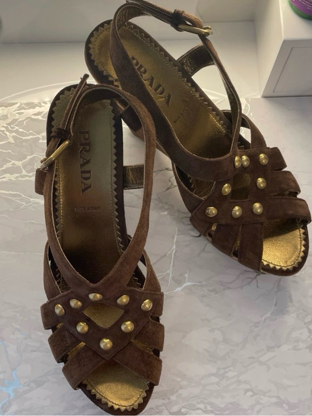 Prada Brown Suede Studded Slingback Sandals